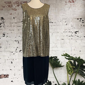 Algo vintage Sequin sleeveless layered midi shift Dress Size 12 Gold/Black